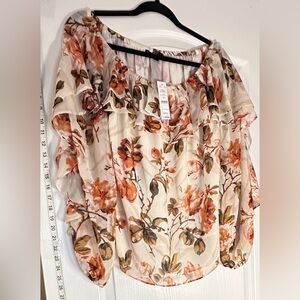 White House Black Market Floral Ruffle Blouse - Cream and Orange, L